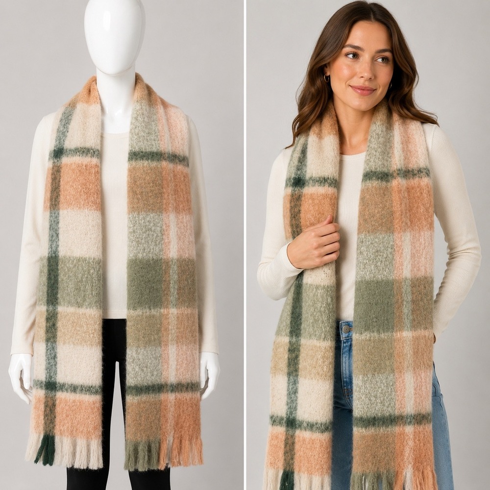 Steve Madden Scarf Women OS Peach Green Plaid Soft Fuzzy Fringed Winter Muffler